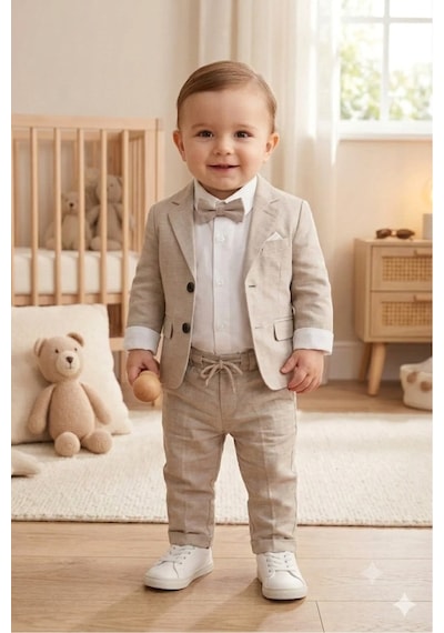 Baby Kids Colors Flamlı Keten Salaş Ceketli Takım Elbise/gömlek Pantolon Ceket Papyon Ay Grubu Zıbınlı Gri