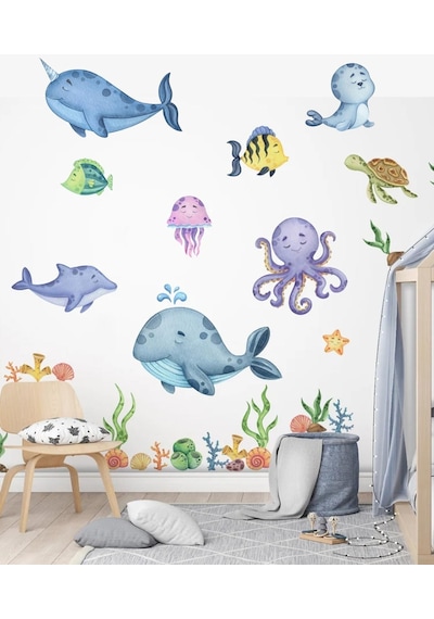 MSticker Eğitici Sevimli Deniz Hayvanları Ve Bitkiler Sticker Seti Büyük Boy