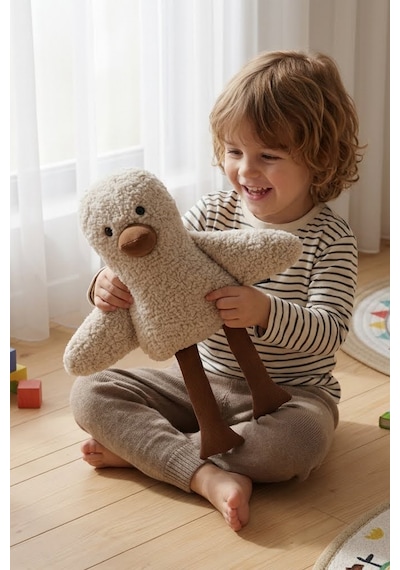 Sevimli Duck Uyku Arkadaşı Antialerjik- Vidalı Göz- Teddy Ekru Ördek