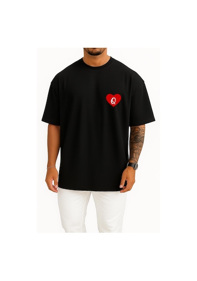Bahriyeli Collection Oversize Sevgililer Günü Özel Kalp İçinde Q Harfi Cep Baskılı Unisex T-shirt Siyah