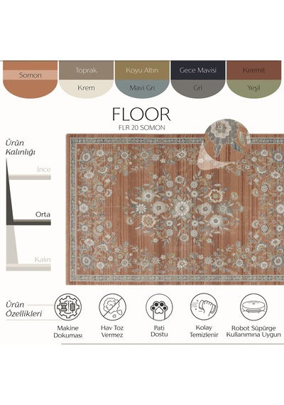 Cool Halı Floor Somon Vintage Floral Çiçekli Salon Oturma Odası Robot Süpürge Uyumlu Pati Dostu Halı Turuncu