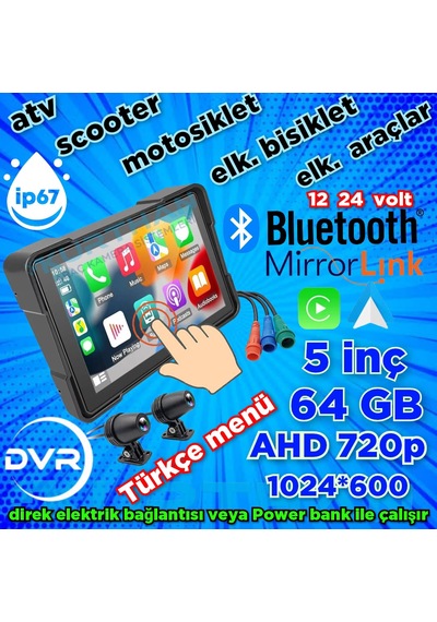 2 Tekerli Araçlar İçin 5'' Dvr Monitör + Ön Ve Arka Kamera Carplay Ve Android Auto