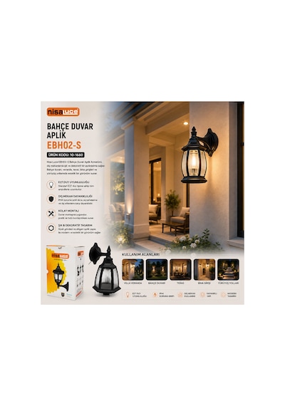 E27 - Ip44 Siyah 60w Duvar Aplik Bahçe-balkon Sokak Lambası - Armatür Ebh02-s 5671 Diğer
