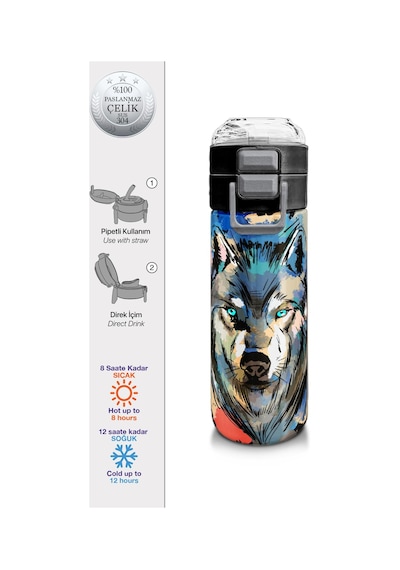Coral High Kids Gri Siyah Kurt Desenli Pipetli Ve Direkt İçim Çelik Termos 500 Ml 31832 Gri