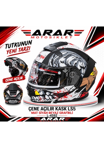 Çene Açılır Kask Ls5 Mat Siyah Beyaz Grafikli L-4592
