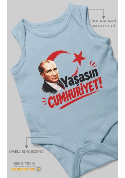 Morivokids Yaşasın Cumhuriyet Sıfır Kol Bebek Body %100 Pamuk Bebe Mavisi
