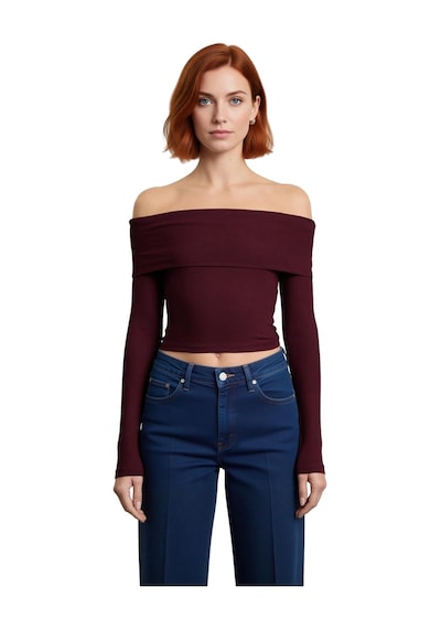 Ersefa Stil Kadın Kısa Esnek Bluz Crop Örme Slim Kalıp bordo