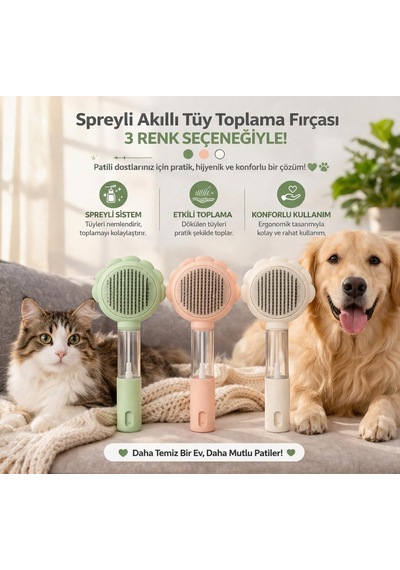 Spreyli Kedi Köpek Tüy Toplama Fırçası - Su Hazneli Kendinden Temizlemeli Tarak - Paslanmaz Çelik Uçlu - Masaj Et