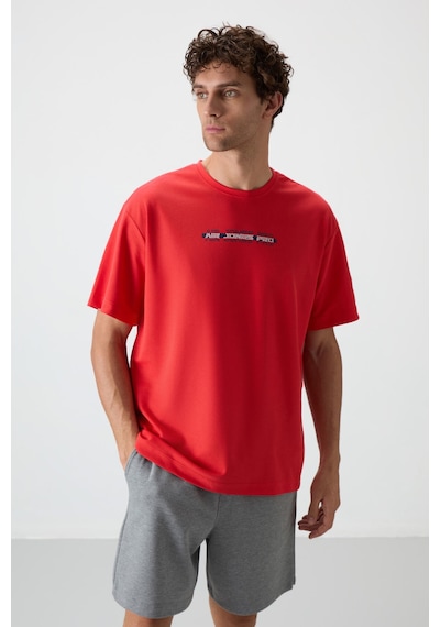 Air Jones Tommy Life Fiesta Pamuklu Kalın Yüzeyi Dokulu Oversize Fit Baskılı Erkek T-shirt - 88365 Kirmizi