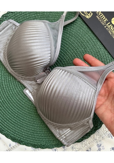 Evelyn Parlak Saten Çizgi Detaylı C Cup Balenli Desteksiz Önü Tül Gri