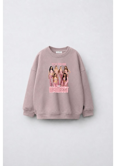 Fasardi Manifest Girls M6nifestgirls Baskılı Oversize Şardonsuz Uzun Kollu Kız Çocuk Sweatshirt Koyu Bej