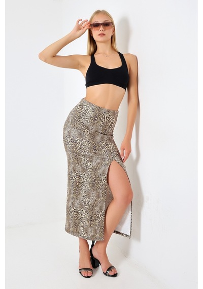 Gugus Kadın Derin Yırtmaçlı Dijital Baskılı Etek Maxi Boy 92 Cm Leopar Orjinal