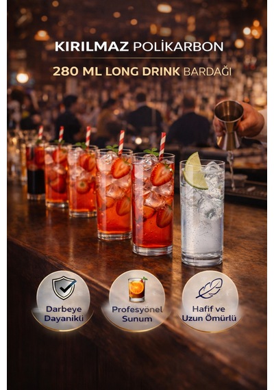 Polikarbon Kırılmaz 280 Ml Long Drink Bardağı Cam Görünümlü Şık Tasarım Şeffaf