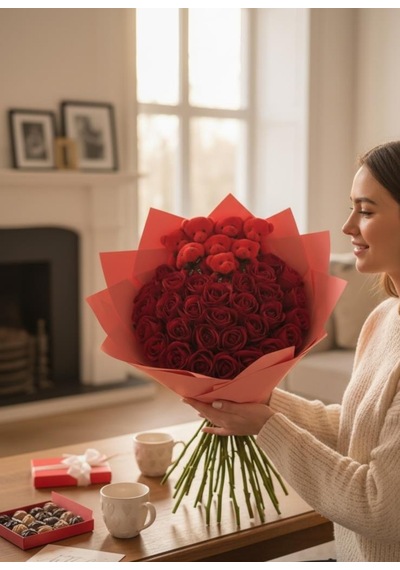 Sevgililer Günü Hediye Yapay Çiçek Kadife Kırmızı Gül Buketi Kırmızı Peluş Ayıcıklı Sevgiliye Hediye Kırmızı