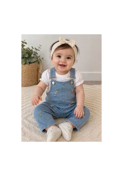 Baby Buu Çiçek Nakışlı Kot Salopet 2 Li Bebek Takım Beyaz Beyaz
