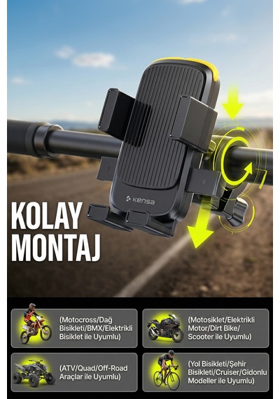 Halat Tasarımlı Ultra Güvenli 360 Ayarlanabilir Motosiklet Ve Bisiklet Telefon Tutucu Siyah