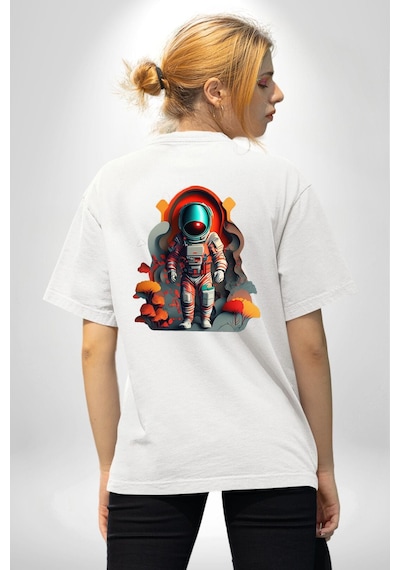 Astronot Yapay Zeka Yürüyüş Beyaz Oversize Unisex Ön Ve Sırt Baskılı Tişört Beyaz