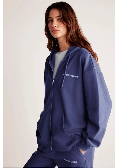Grimelange Ametıs Kadın Oversize Organik Pamuklu Metal Fermuarlı Kapüşonlu Lacivert Sweatshirt