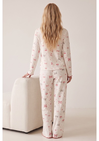 Siyah İnci Yumuşak Tuşe Kışlık Fitilli Pamuklu Örme Düğmeli Hırka Pijama Takım 8073 Leopar Fiyonk