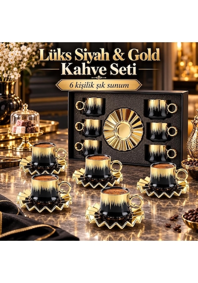 6 Kişilik 12 Parça Türk Kahvesi Fincan Seti 100 Ml Siyah Gold Detaylı Porselen Çok Renkli