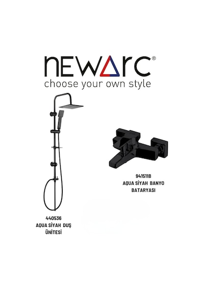 Newarc Aqua 941511B Banyo Bataryası + 440536 Duş Ünitesi Set Siyah