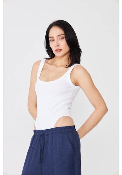 Distimi Askılı Fitilli Bodysuit Pamuk Beyaz