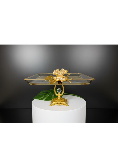 Çnr Home Collection Paşabahçe Kristal Metal Ayakli Yaldizli Kare Pasta Sunumluk Kurabiyelik Altin