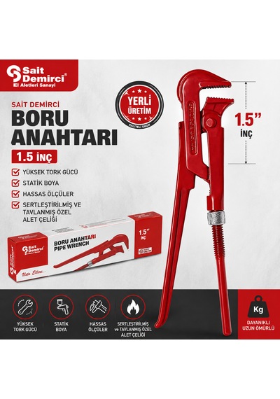 Sait Demirci  Manşonlu Boru Anahtarı Statik Boyalı Tavlanmış Çelik Yüksek Tork Gücü 1.5 İnçh