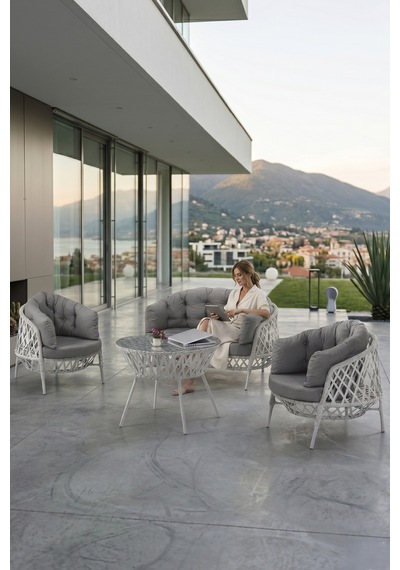 Viola Serisi 1. Sınıf 2+1+1 Beyaz Rattan Gri Minder Bahçe Balkon Oturma Koltuk Takımı Viola Serisi 1. Sınıf 2+1+1 Beyaz Rattan Gri Minder Bahçe Balkon Oturma Koltuk Takımı