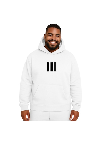 Benroma 3 Çizgi Baskılı Büyük Beden Unisex Sweatshırt Beyaz