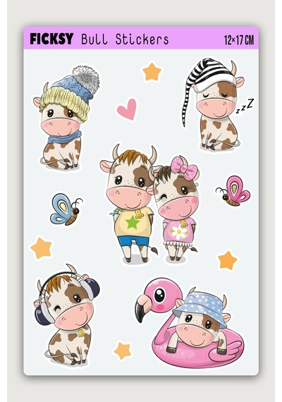 Sevimli Boğa Sticker Seti - 12 Adet Etiket Çıkartma Diğer