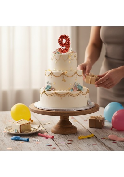 Turuncu Simli Pasta Mumu Doğum Günü Mum 9 Yaş