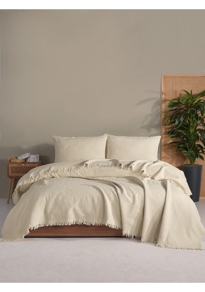 BedLine Jakarlı Daire Yatak Örtüsü Seti Tek Kişilik Krem Kutulu