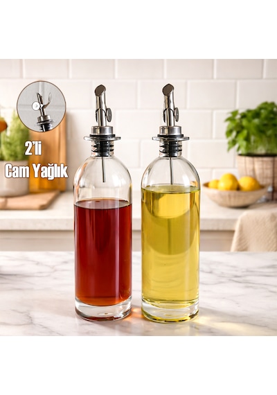 Porsima 3890-1 Gümüş Sızdırmaz Kapaklı Cam 2 Li Yağlık Sirkelik Yağdanlık Seti 500+500 Ml Şeffaf- Gümüş
