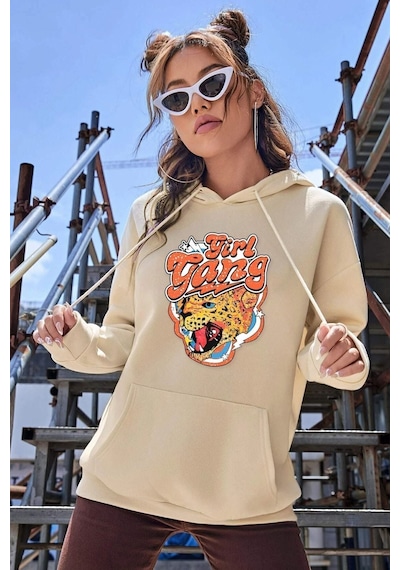 Uyguntarz Unisex Gril Gang Baskılı Sweatshirt Bej