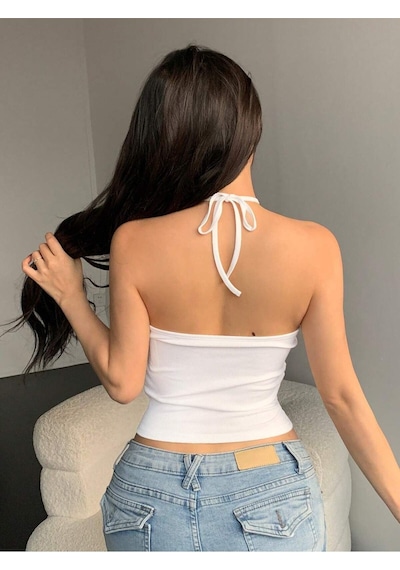 Liona Degaje Yaka Çapraz Bağcıklı Beyaz Renk Fitilli Crop Top Bluz