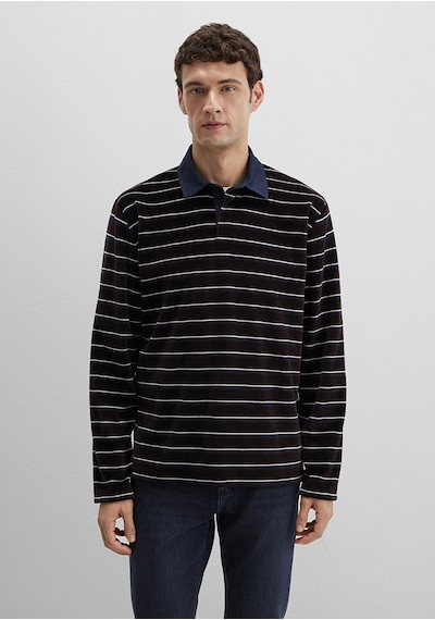 Mavi - Polo Yaka Çizgili Kadife Sweatshirt 0s10470-89103 Kahverengi