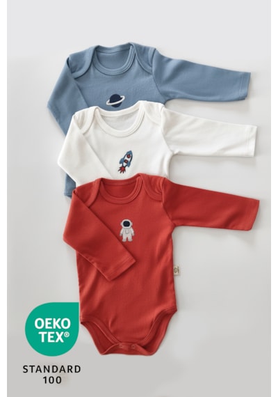 Luppinos Space 3lü %100 Pamuk Nakışlı Uzun Kol Bebek Body Set Mavi - Beyaz