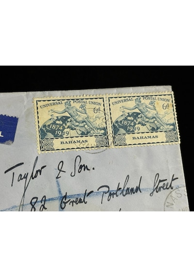 Uçak Postası Air Mail 1949 Yılından Bahama'lardan İngiltereye Postalanmış 2x 6d Pullu Taahhütlü Zarf