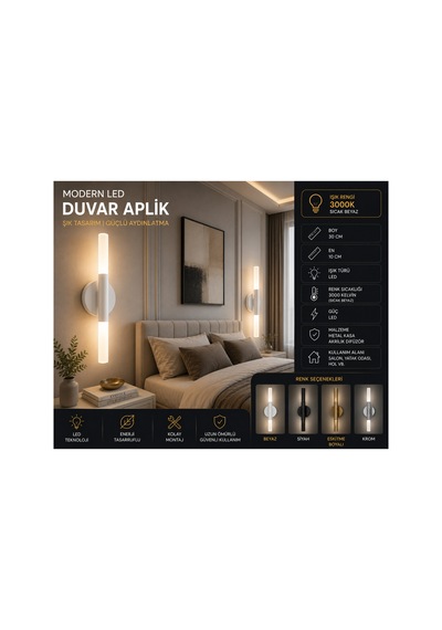 Modern Led Duvar Aplik 30 Cm Beyaz 3000k Sıcak Beyaz Led Metal Gövde Dekoratif İç Mekan Aydınlatma Beyaz Beyaz
