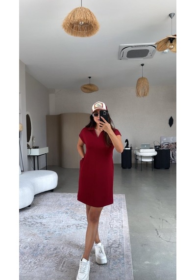 Hazego Kadın Polo Yaka Mini Elbise Bordo