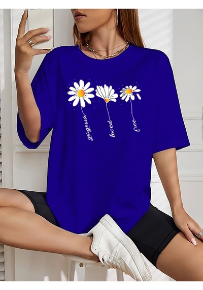 Papatyalar Baskılı T-shirt - Baskılı Oversize Bisiklet Yaka Kısa Kol Tişört Sax Mavi Papatyalar Baskılı T-shirt - Baskılı Oversize Bisiklet Yaka Kısa Kol Tişört Sax Mavi