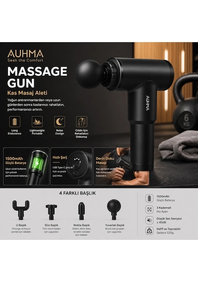 Auhma Amg35 Titreşimli Şarjlı Masaj Cihazı 24w Güçlü Performans & 4 Başlık Siyah