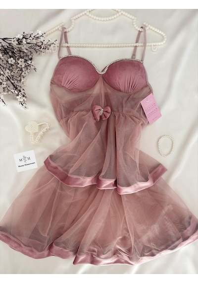 Mh Moony Homewears Kutulu Njord Pembe Kadife Lüks Taş Detay Gecelik Gül Pembe