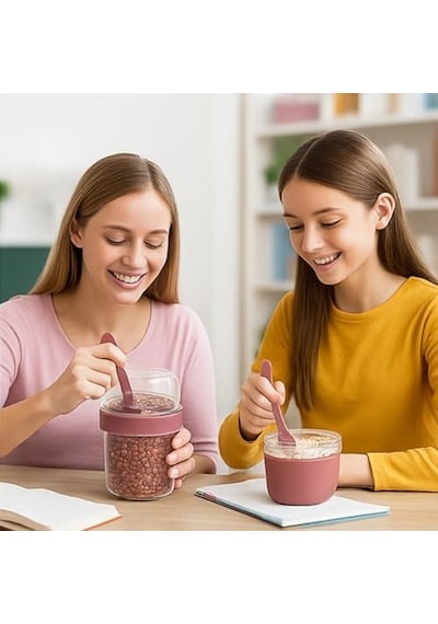 Pembe Saklama Kabı 2 Katlı Taşınabilir Yemek Kabı, Kaşık Ve Çatal Dahil 18x10 Cm Bakır