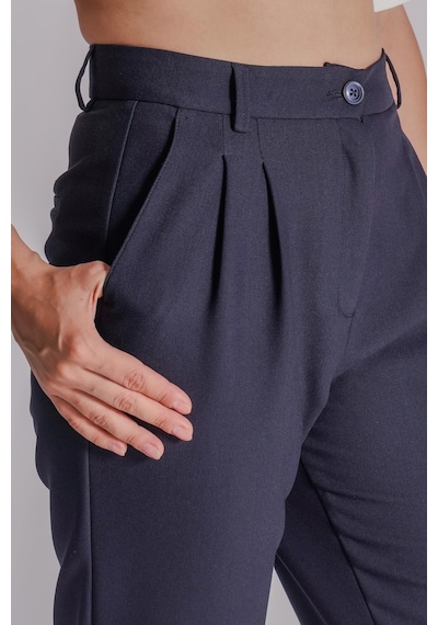 Braccas Kadın Yandan Cepli Arka Cep Fleto Beli Lastikli Ve Pilili Slim Fit Pantolon Lacivert Lacivert