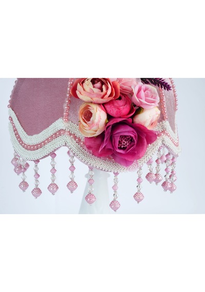 Gülkurusu Kadife Kaplı Fuşya Çiçek Dekorlu Klasik Abajur 50x30 Cm