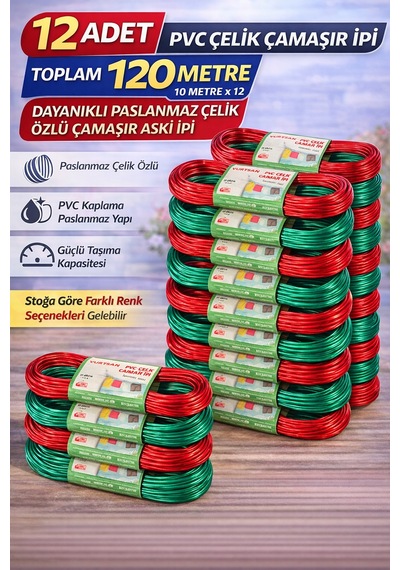 12 Adet Pvc Çelik Çamaşır İpi 10 Metre Dayanıklı Çelik Özlü Çamaşır Askı İpi Toplam 120 Metre Çok Renkli
