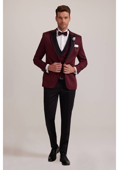 Ysf Erkek Bordo Kırlangıç Yaka Yelekli Slim Fit Desenli Damatlık
