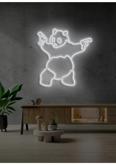 Panda Figürlü Neon Tabela Beyaz
